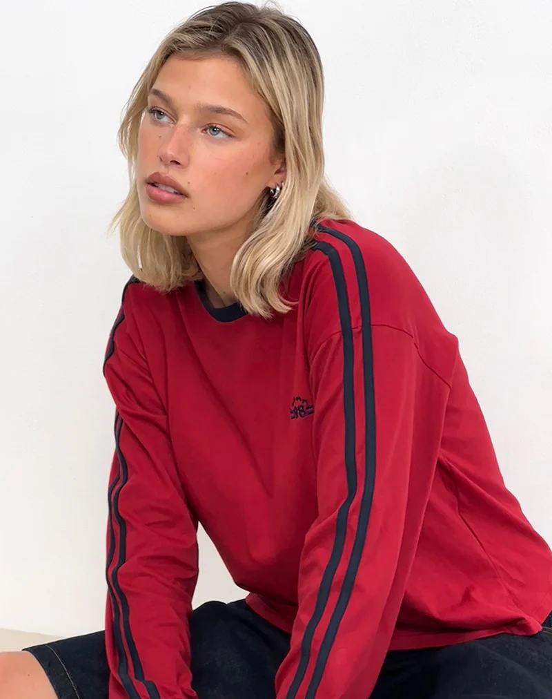 Prata Long Sleeve Top in Adrenaline Red with Navy Binding - Awmao