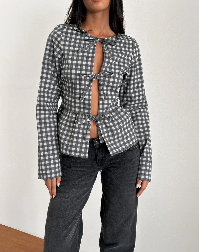 Bertaria Long Sleeve Top in Tonal Gingham Black and Grey - Awmao