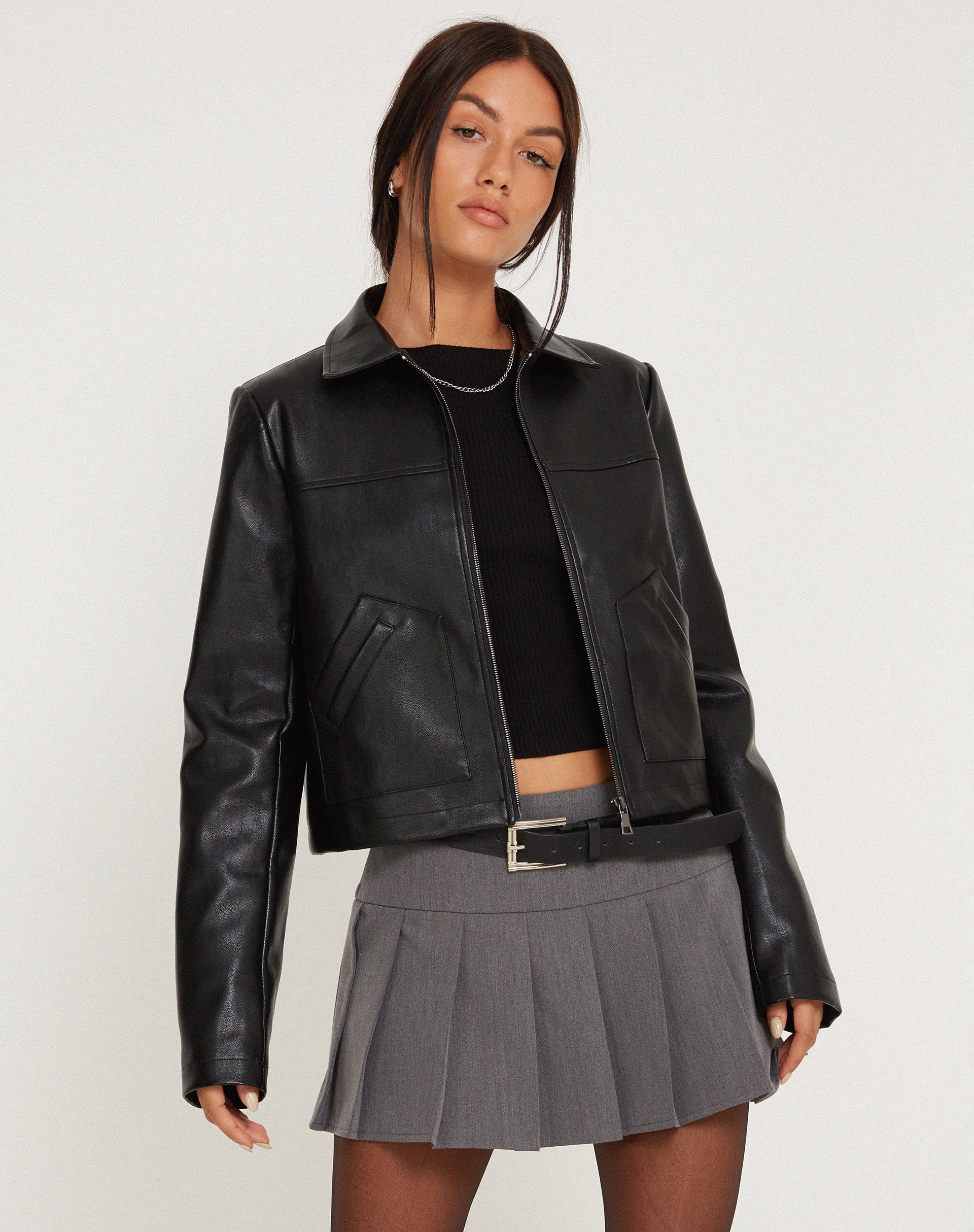 Yonde Zip Up Jacket in PU Black - Awmao