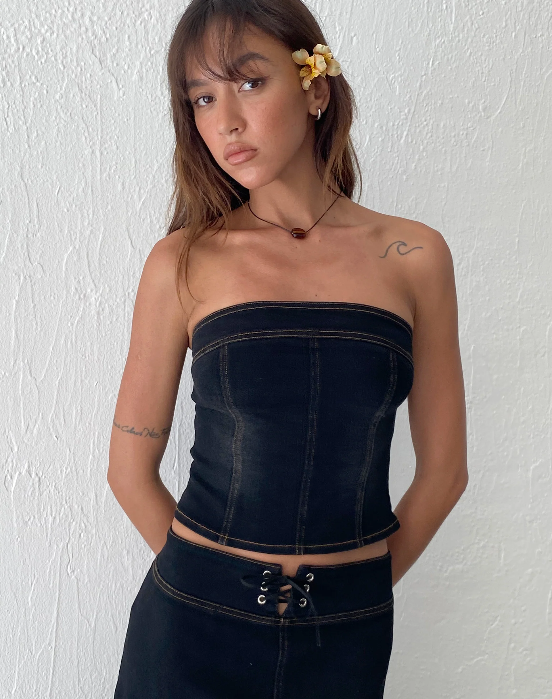 Kaiha Denim Bandeau Corset Top in Black Wash - Awmao