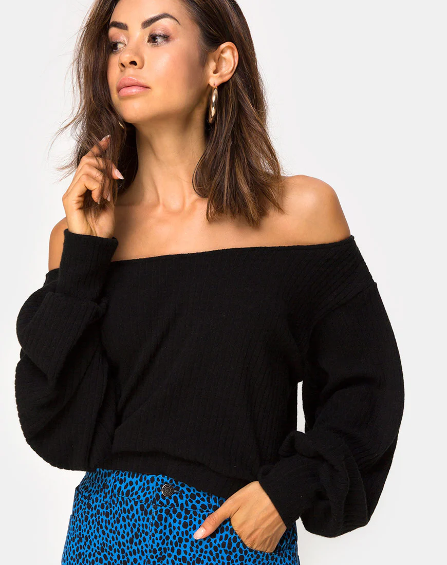 Saray Off The Shoulder Jumper in Black Knit - Awmao