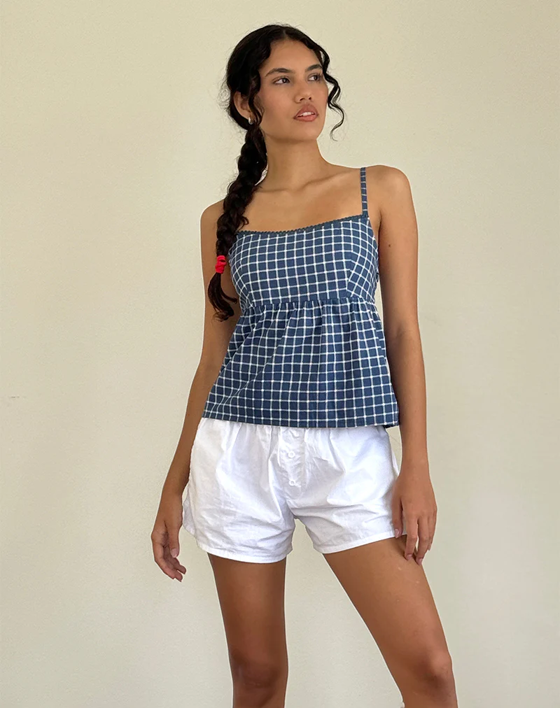 Jeju Top in Navy Tartan Poplin - Awmao