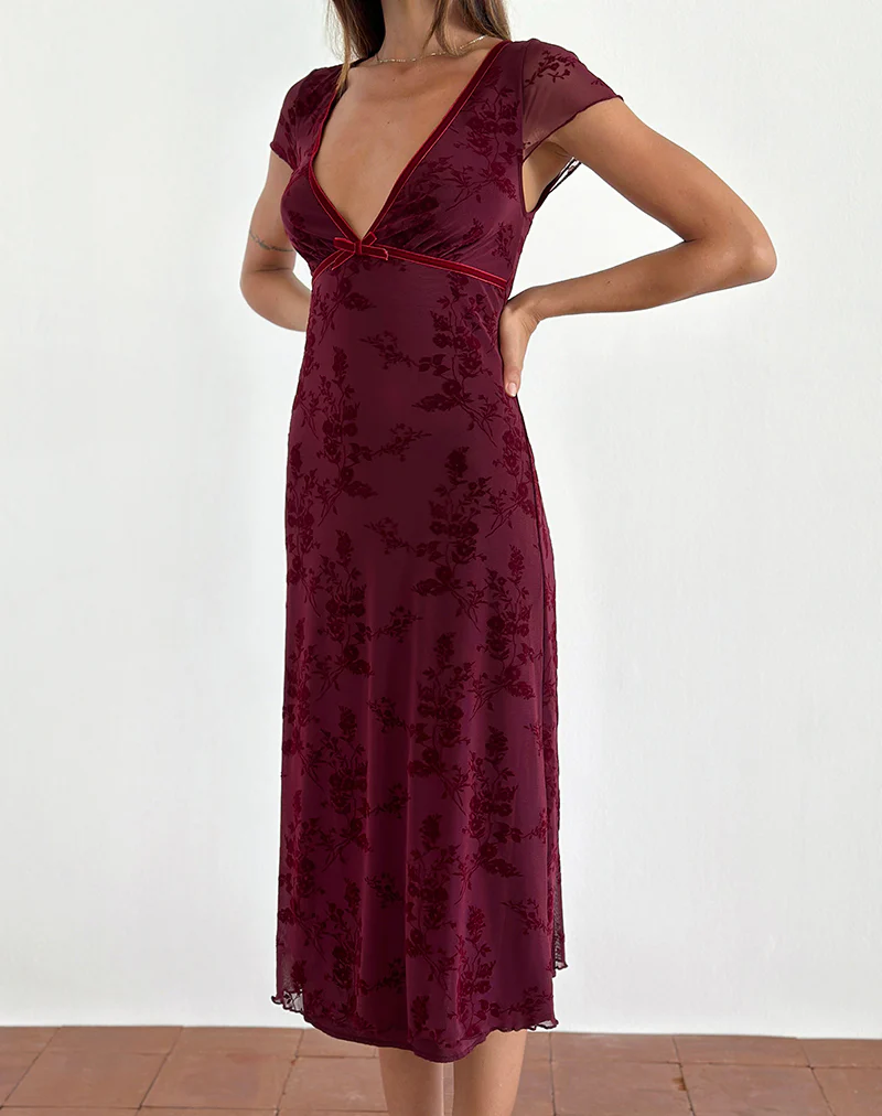 Vilinia Midi Dress in Botanical Flower Maroon - Awmao