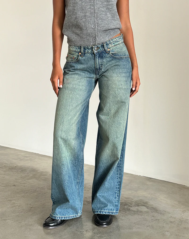 Roomy Extra Wide Low Rise Jeans in Sea Green - Awmao