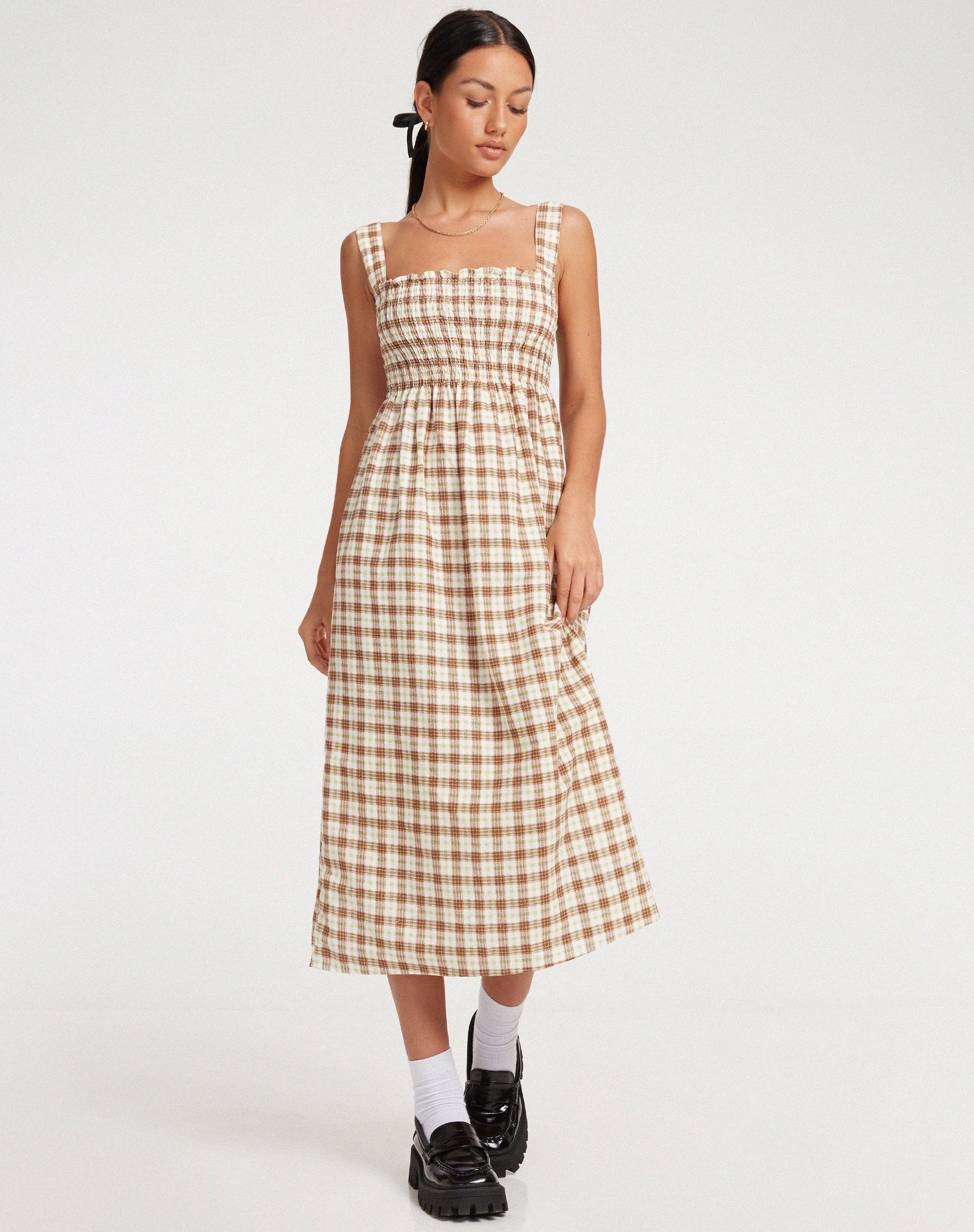 Jocasta Midi Dress in Yellow and Brown Check - Awmao