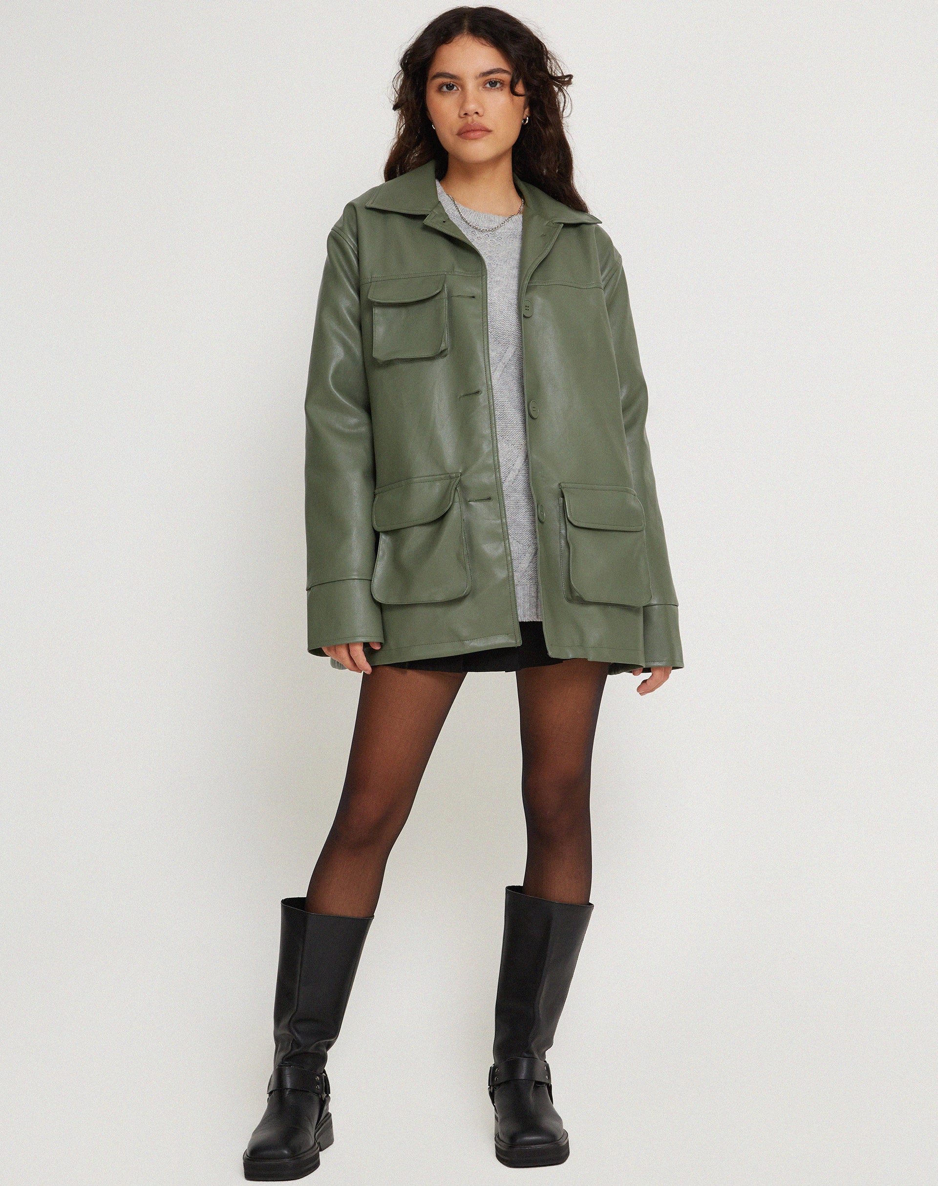 Tavira Jacket in PU Military Green - Awmao