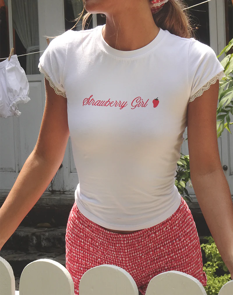 Izzy Top in White Strawberry Girl Script - Awmao