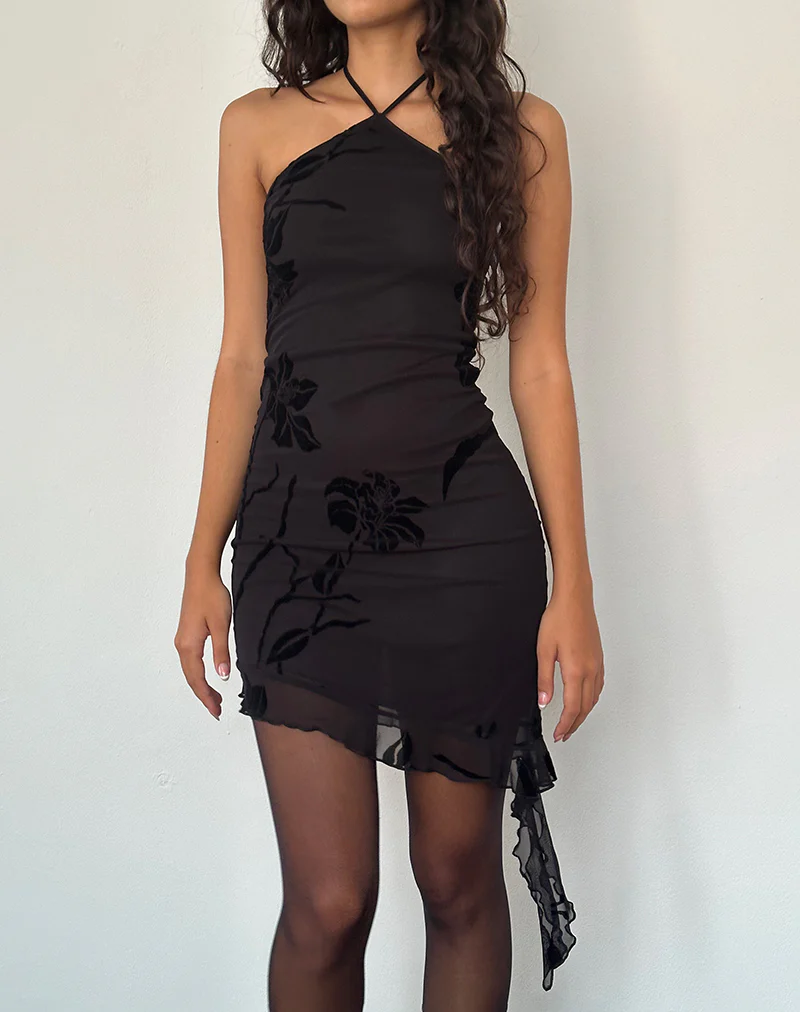 Redi Mini Halterneck Dress in Orchids Flock Black - Awmao
