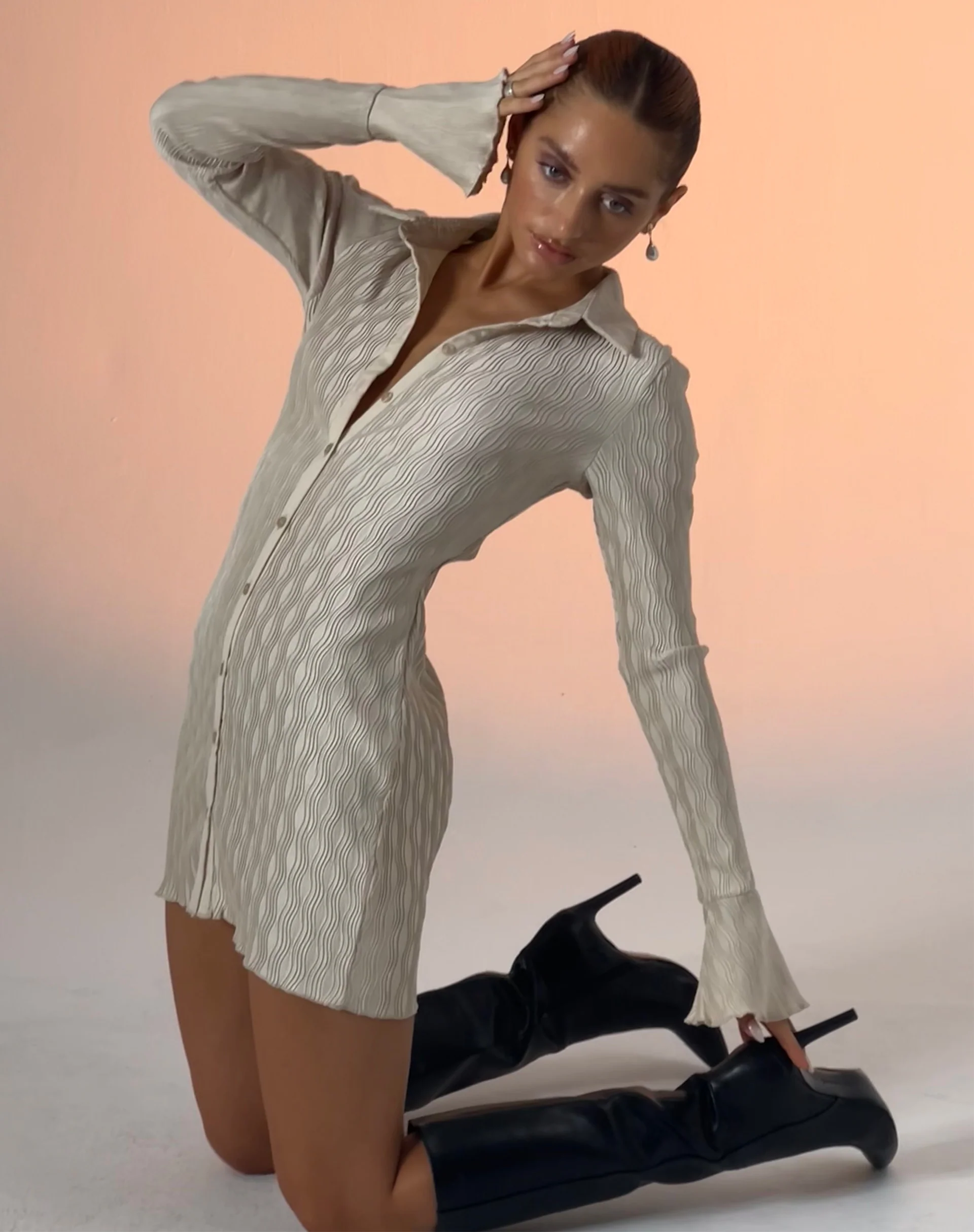 Nitara Button Up Mini Dress in Crinkle Beige - Awmao