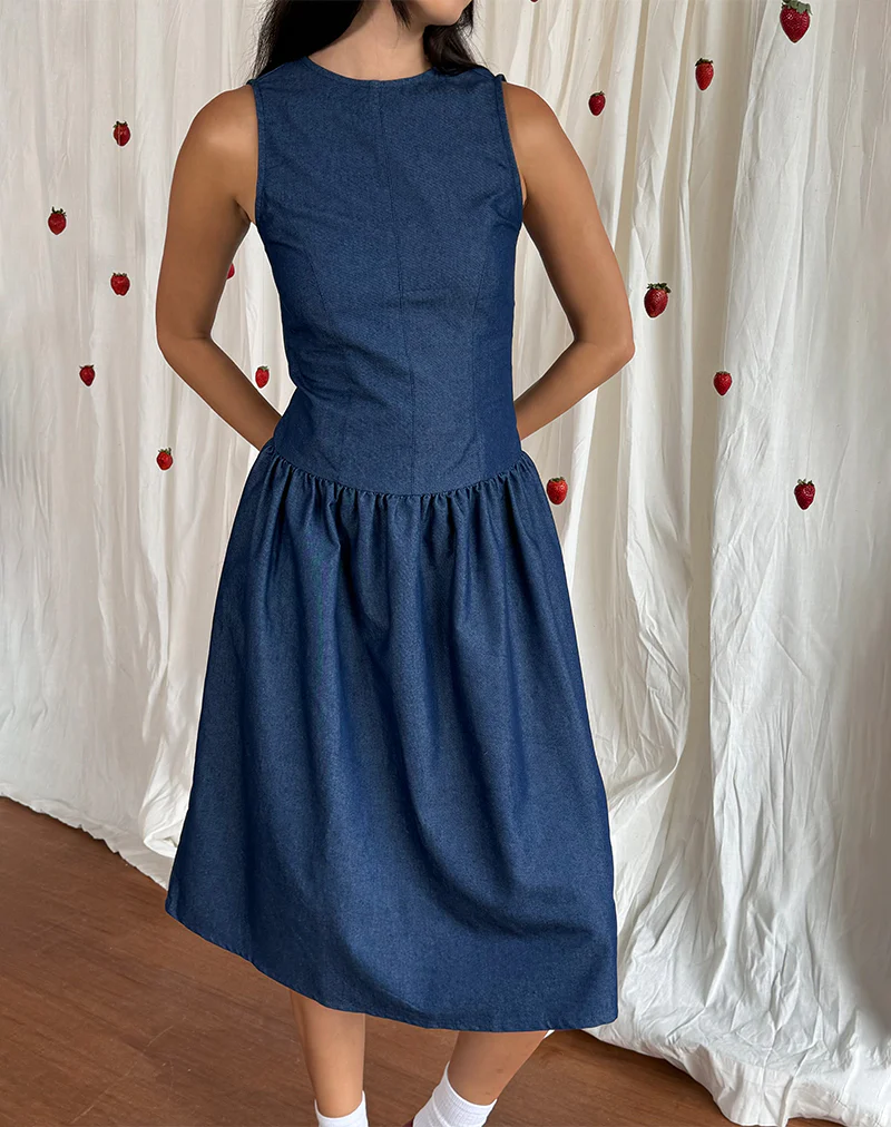 Uretta Maxi Dress in Denim Indigo - Awmao