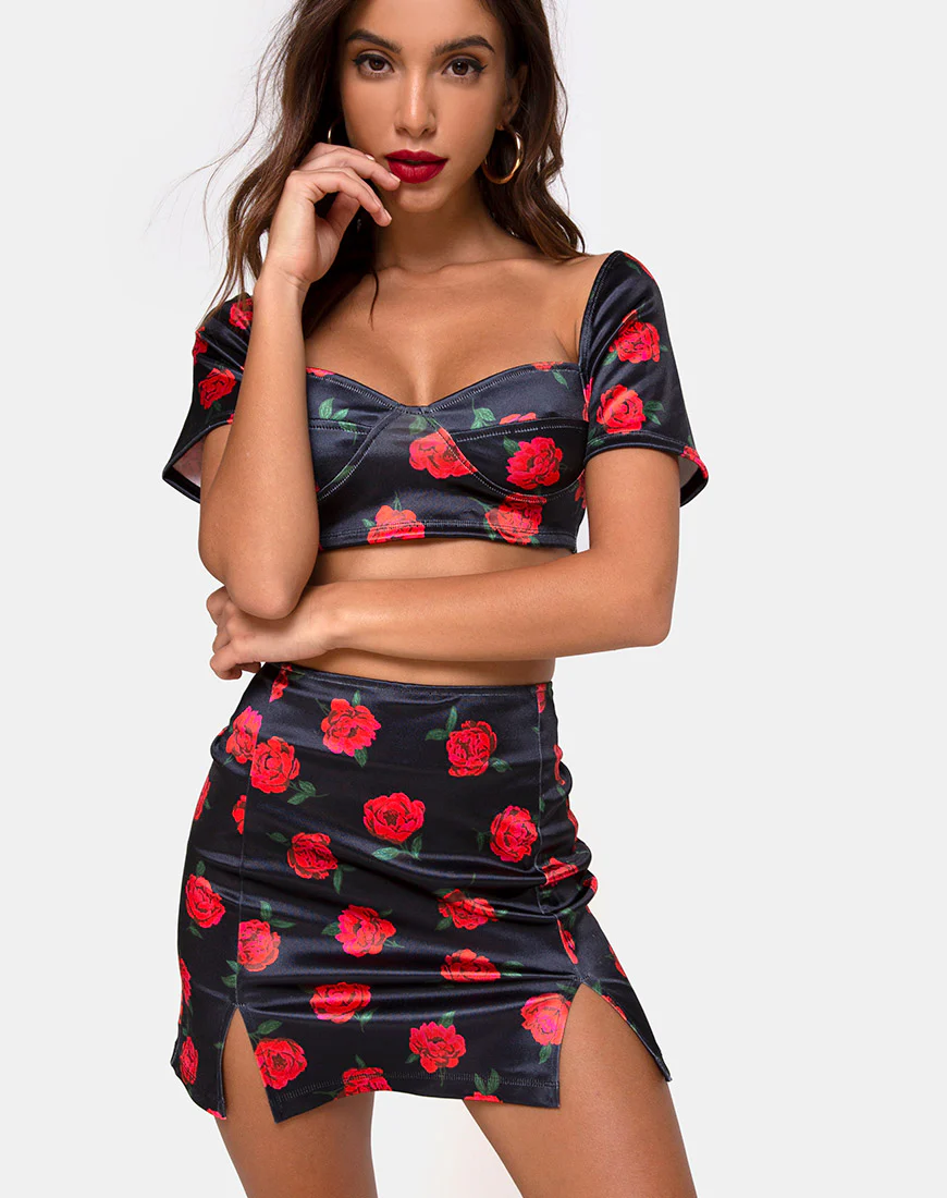 Zida Mini Skirt in Satin Stretch Last Rose Black - Awmao