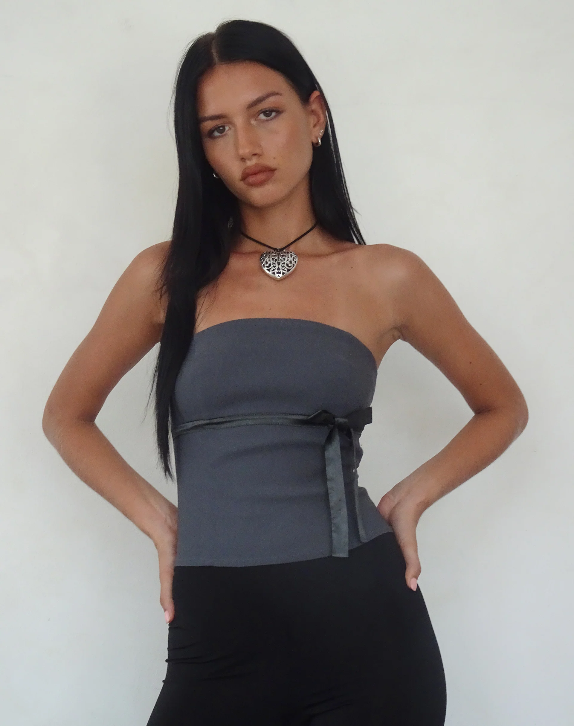 Novita Bow Detail Bandeau Top in Tailoring Charcoal Grey - Awmao