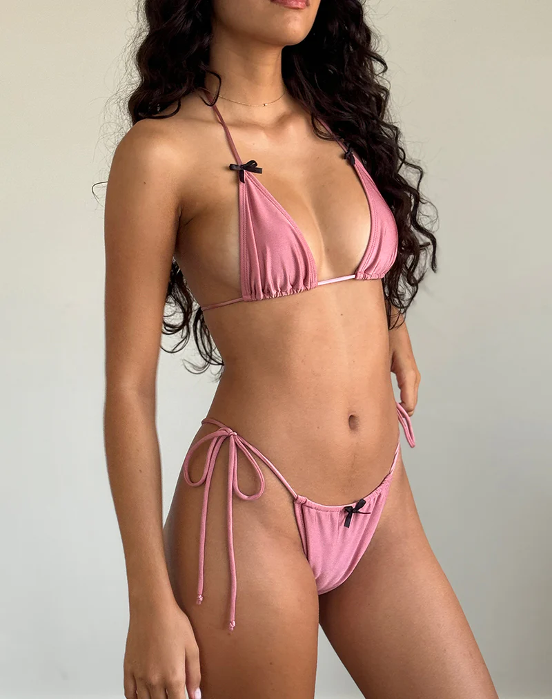 Leyna Bikini Bottom in Pink Shimmer with Black Bow - Awmao