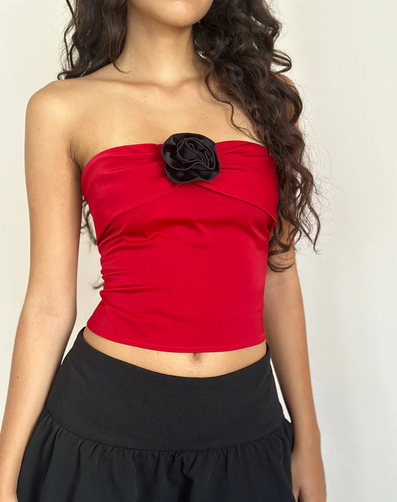 Astrum Satin Bandeau Top in Red with Black Rose - Awmao
