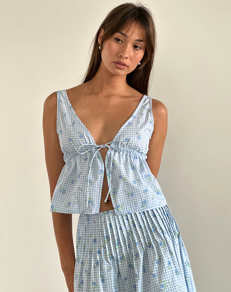 Rolia Cami Top in Blue Flower Gingham - Awmao