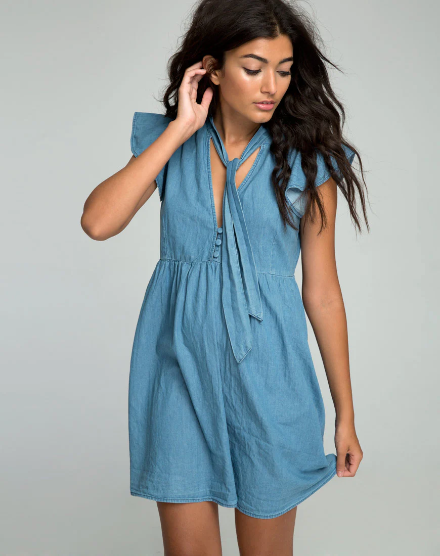 Cloten Babydoll Dress in Summer Wash Denim Chambray - Awmao