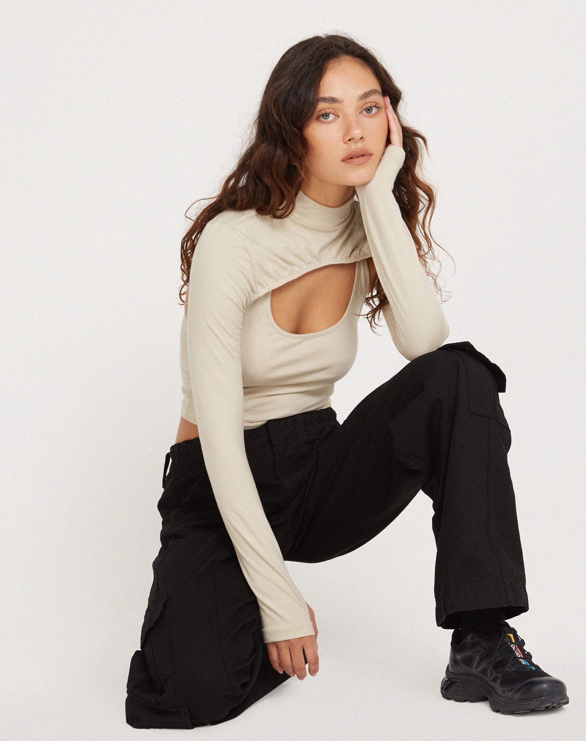 Raccet Long Sleeve Crop Top in Coconut Milk - Awmao