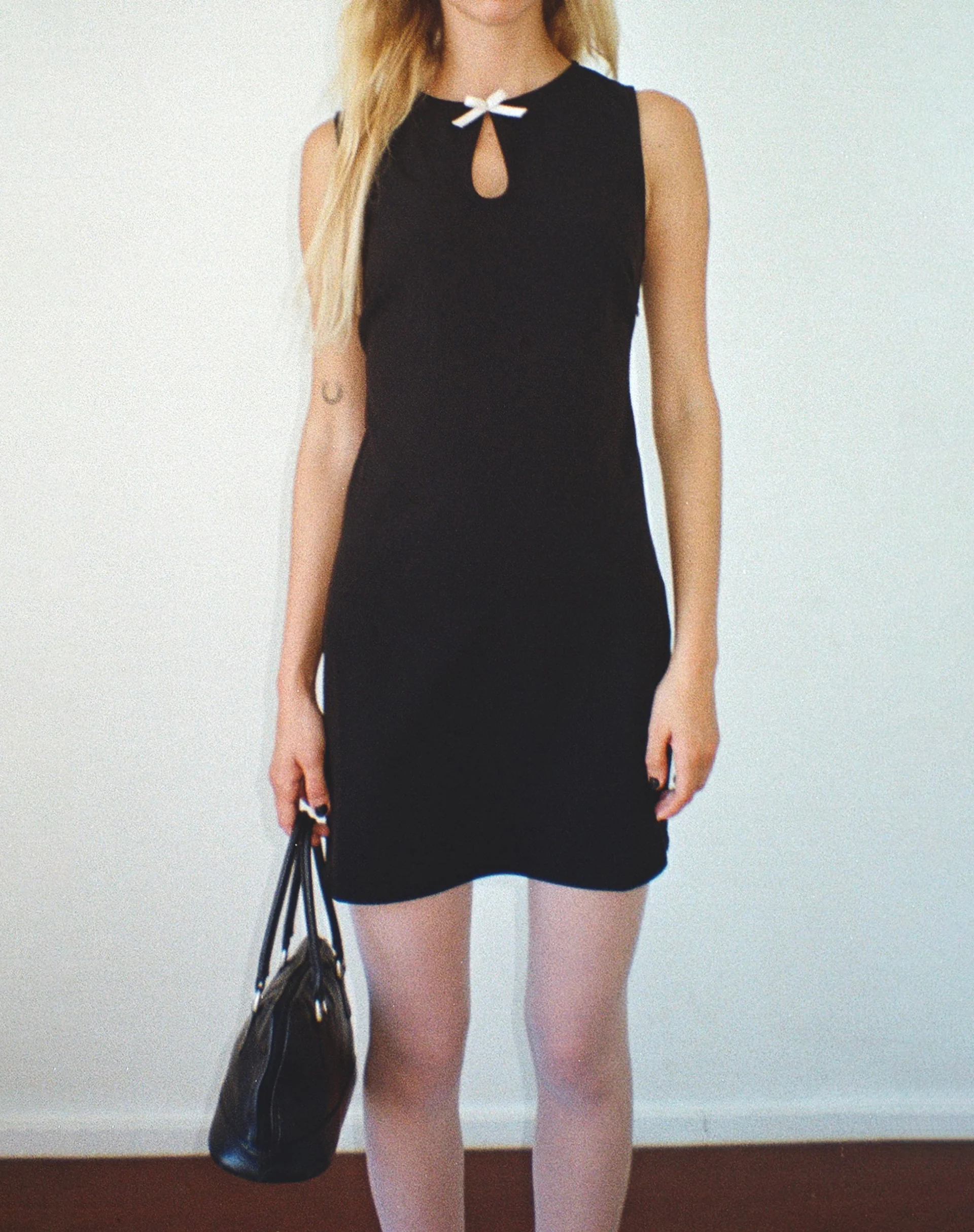 Bibidia Mini Dress in Black with Cream Bow - Awmao