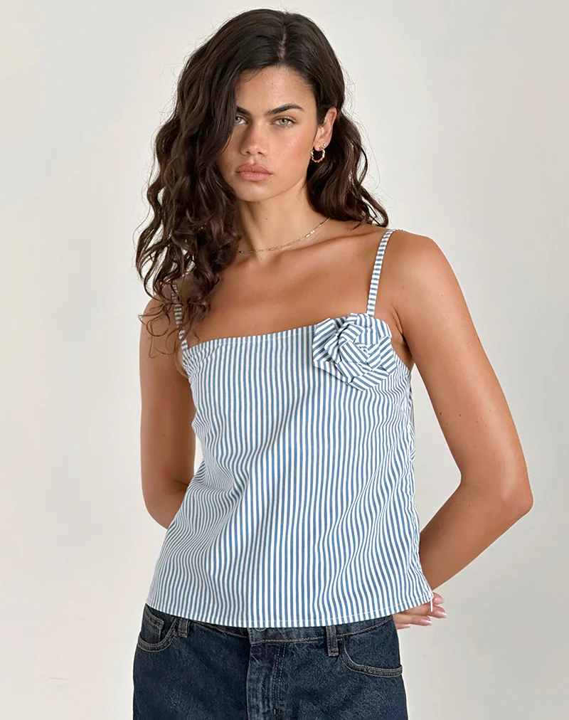 Flowa Top in Blue Small Vertical Stripe with Rosette - Awmao