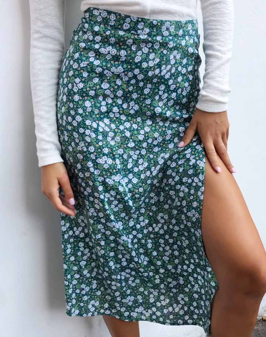 Saika Midi Skirt in Floral Field Green - Awmao