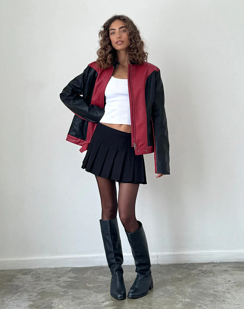 Marion PU Biker Jacket in Red with Black Panels - Awmao