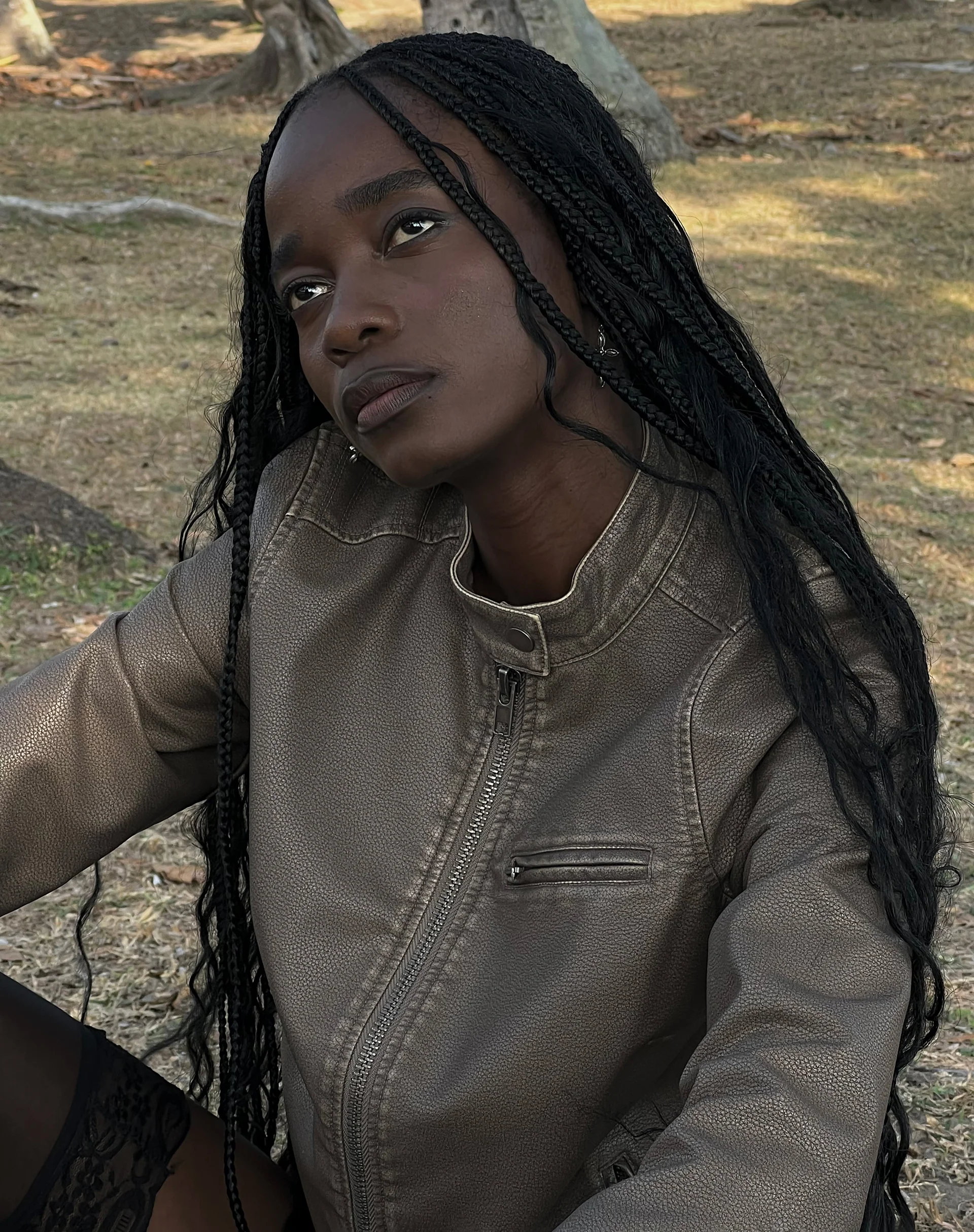 Mildred Distressed Biker Jacket in PU Olive - Awmao