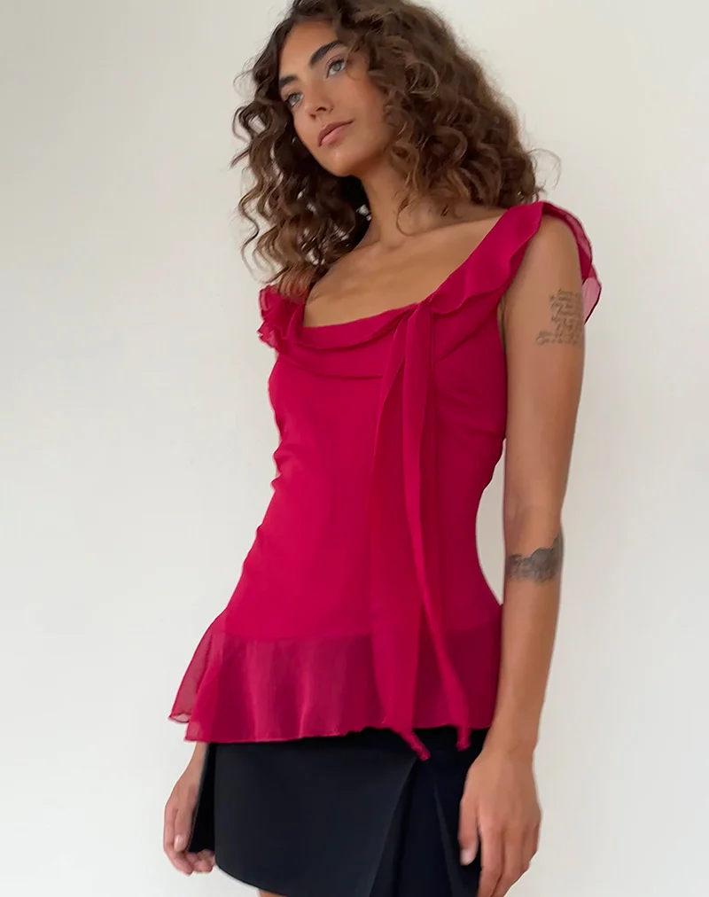 Piro Ruffle Longline Top in Burgundy - Awmao