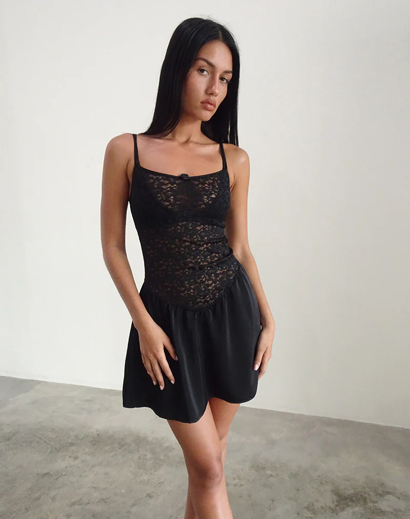 Alunan Slip Dress in Satin Lace Black - Awmao