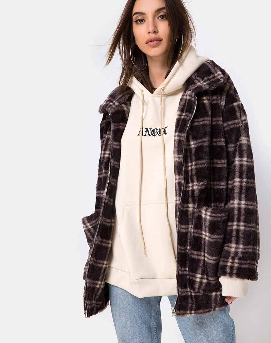 Teddy Coat in Brown Match Check - Awmao