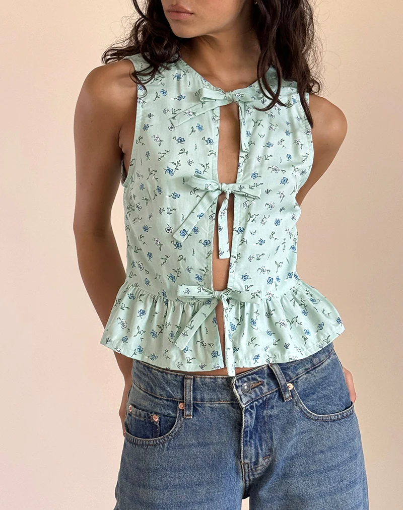 Revata Tie Front Top in Pretty Petal Green - Awmao