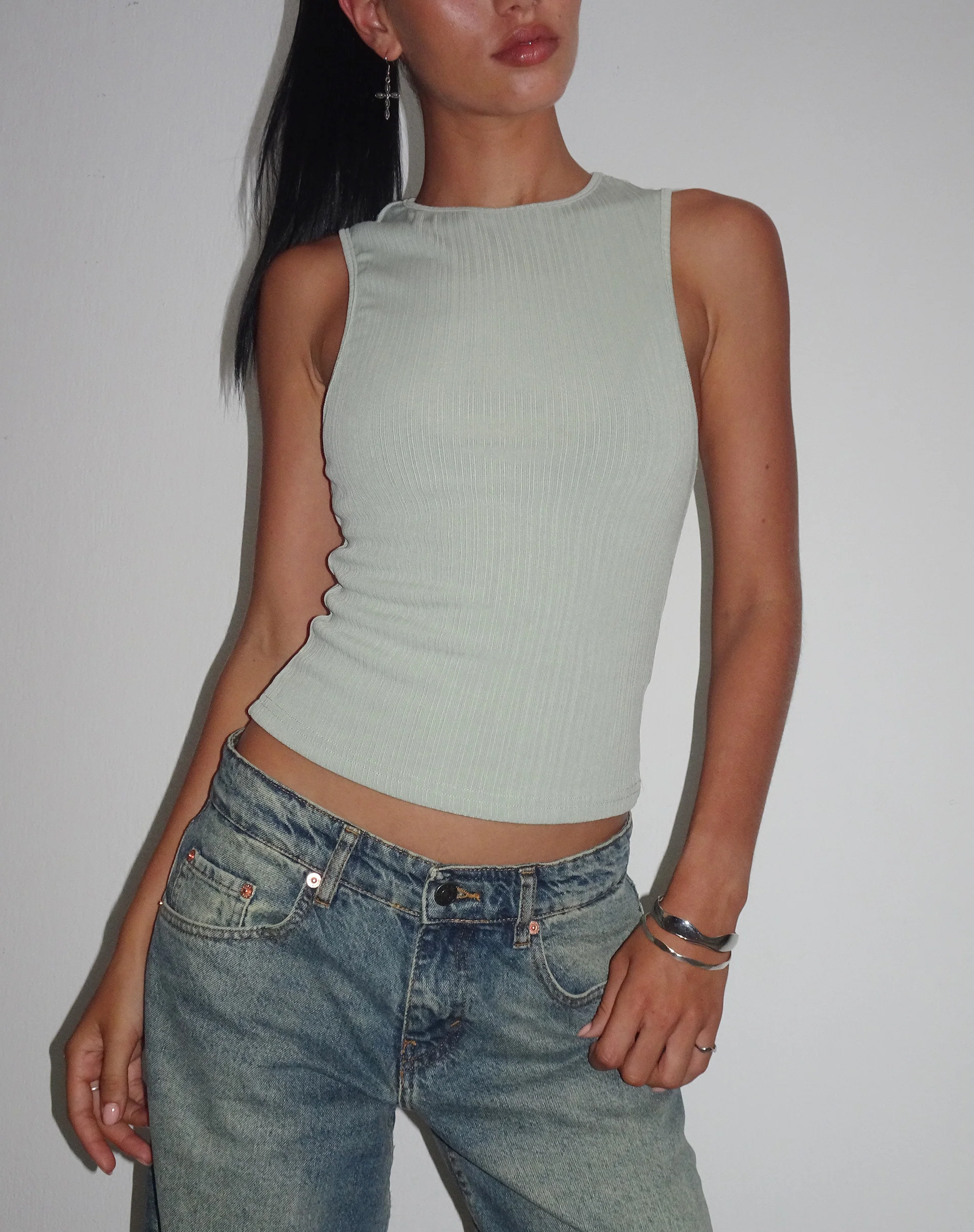 Jordin High Neck Jersey Top in Ribbed Mint - Awmao