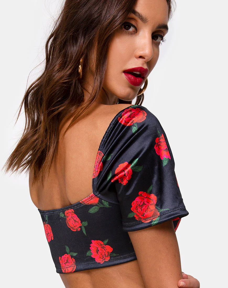 Yoona Top in Satin Stretch Last Rose Black - Awmao