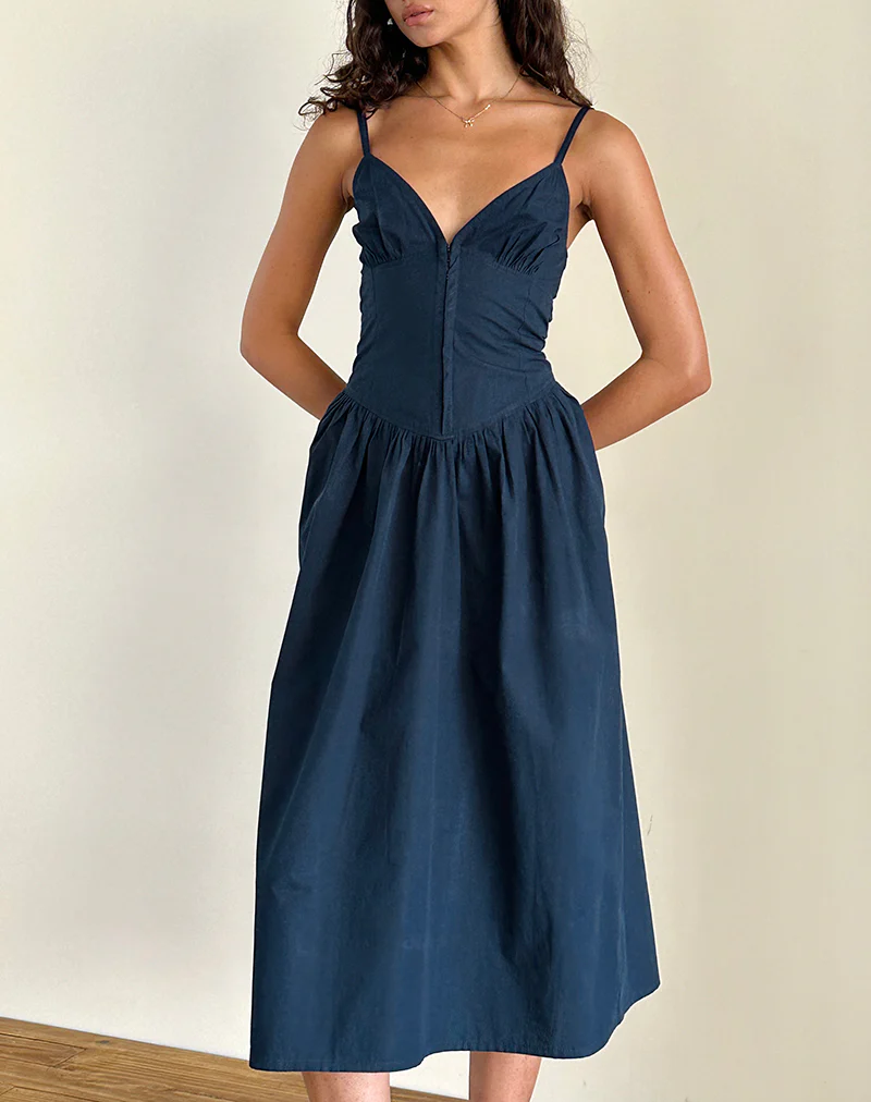 Krista Maxi Dress in Poplin Navy - Awmao