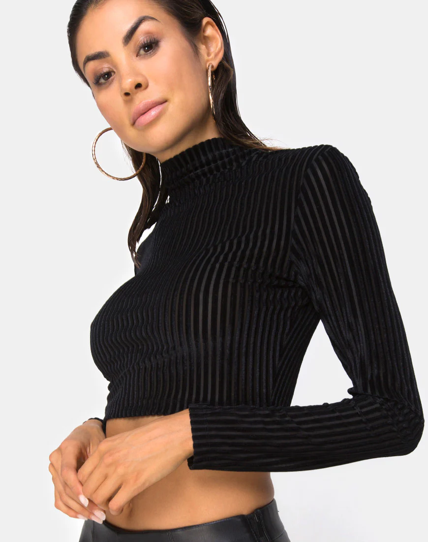 Lara Crop Top in Black Sheer Stripe - Awmao