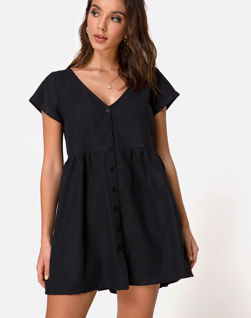 Deira Babydoll Dress in Black - Awmao