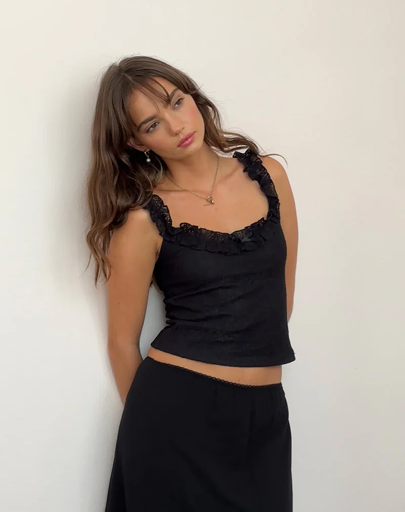 Roberta Frill Edge Top in Lace Black - Awmao