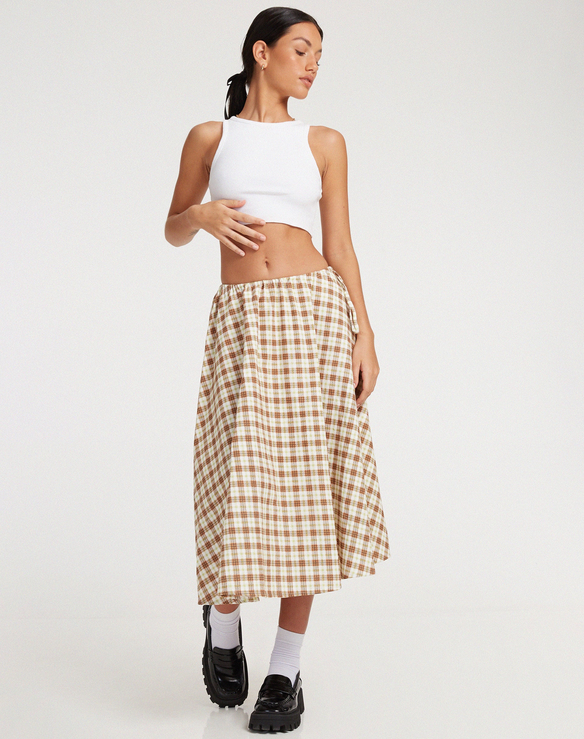 Takara Midi Skirt in Yellow and Brown Check - Awmao