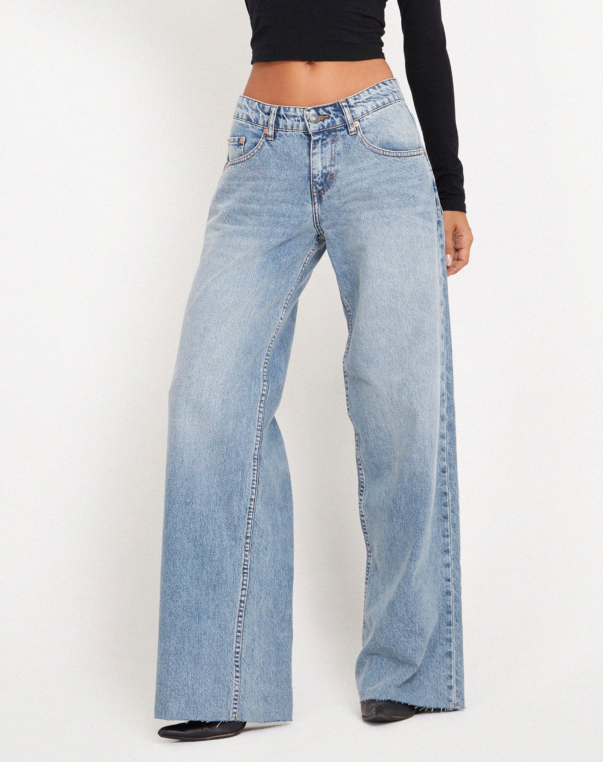 Roomy Extra Wide Raw Hem Low Rise Jeans in Vintage Blue Wash - Awmao