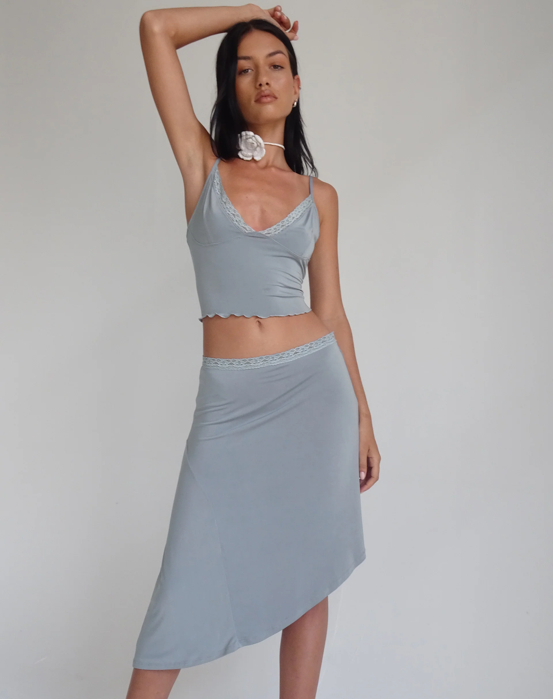 Drew Asymmetric Midi Skirt in Slinky Grey - Awmao