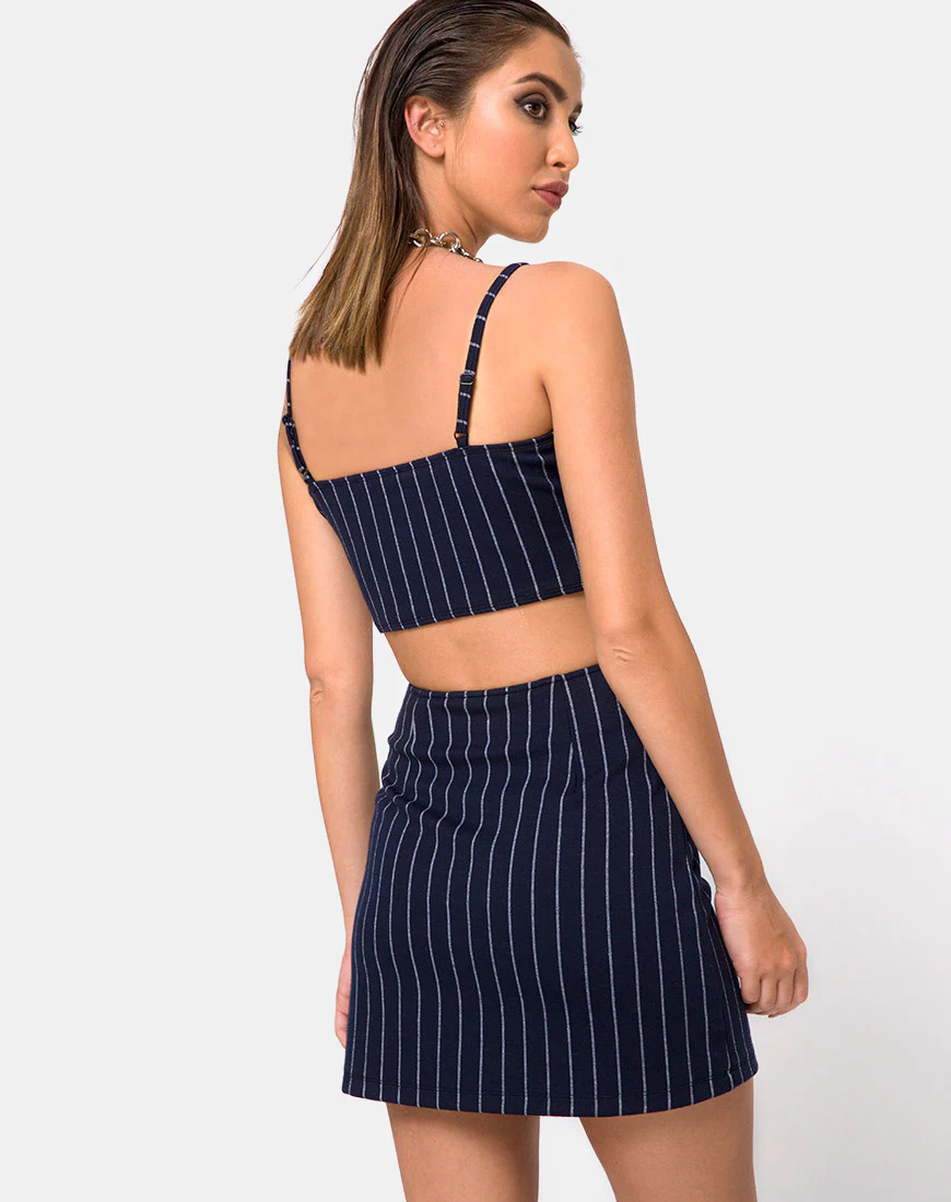 Lilu A Line Skirt in Navy Pinstripe - Awmao
