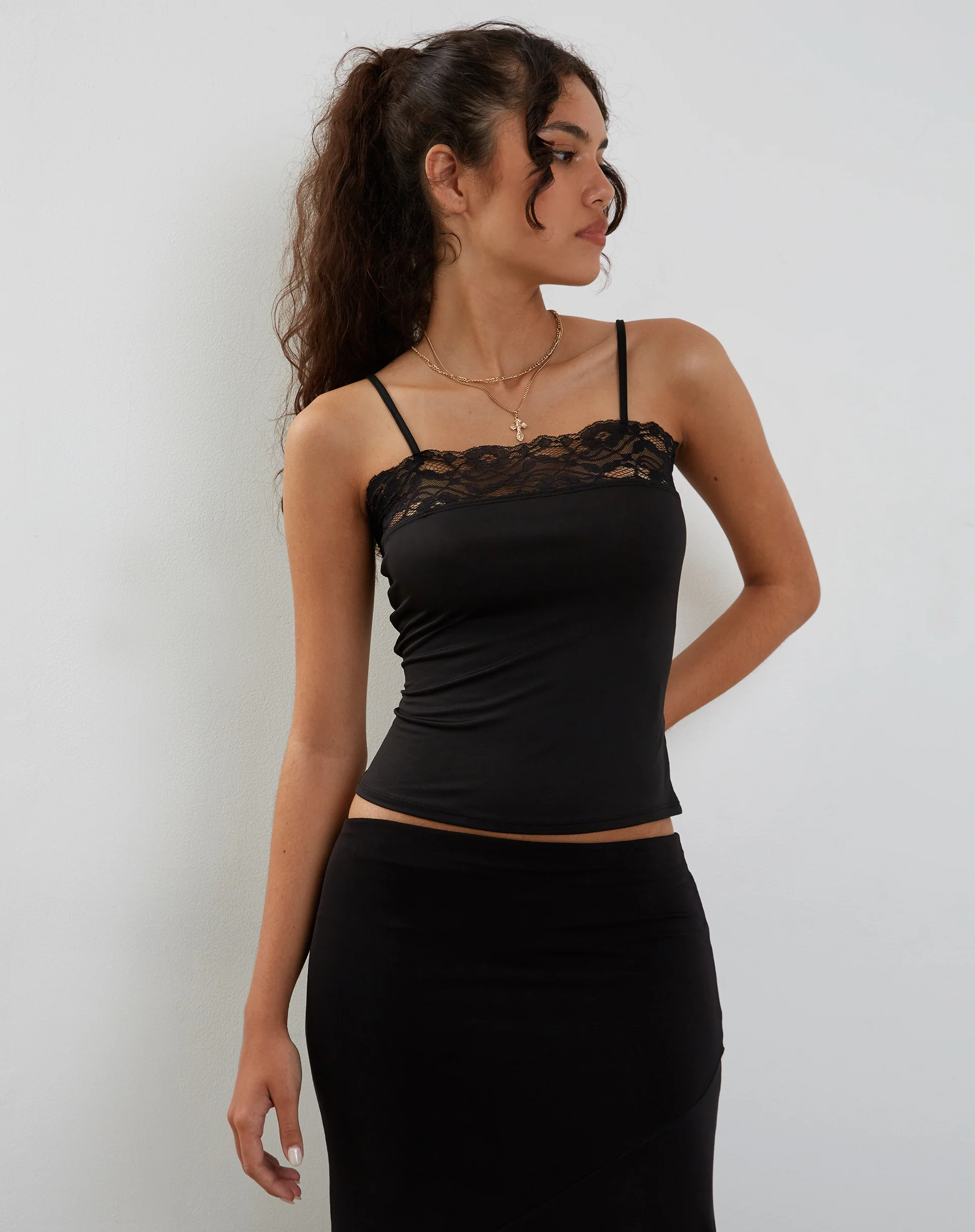 Tucci Vest Top in Slinky Lace Black - Awmao