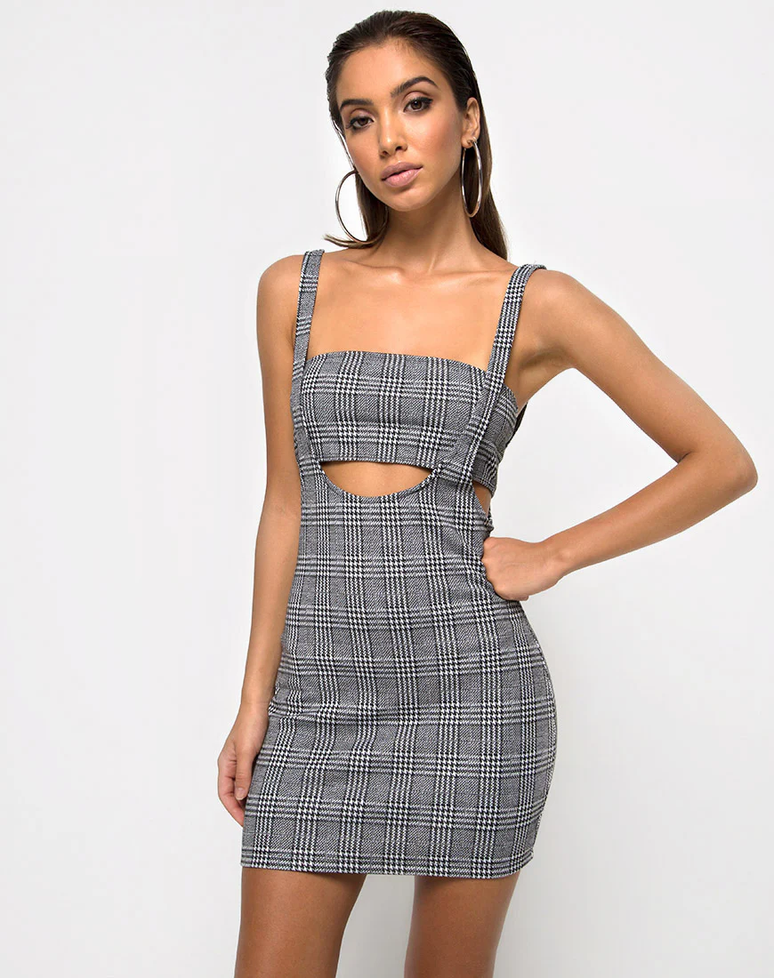 Petra Bodycon Dress in Charles Check Grey - Awmao