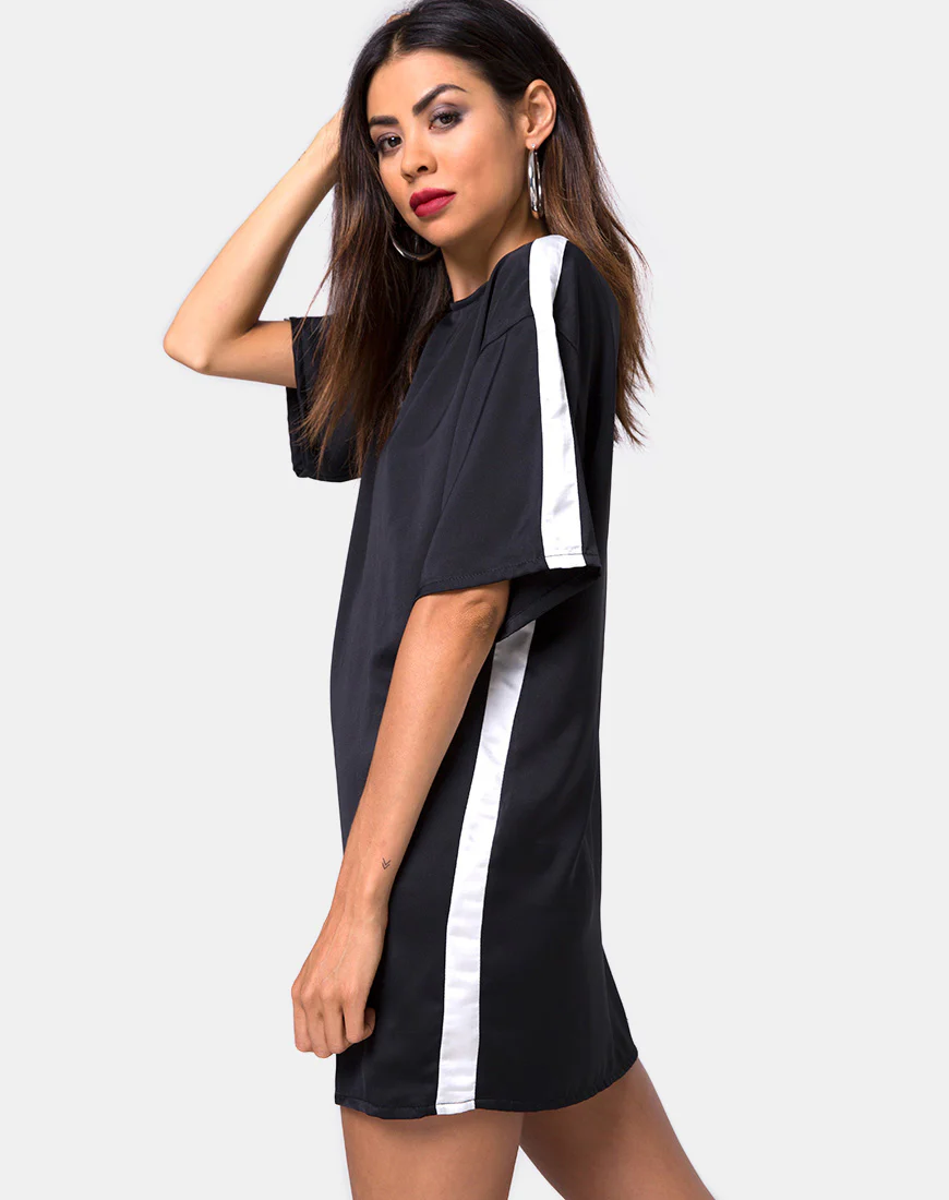 Dore T-Shirt Dress in Black with Ivory Stripe - Awmao