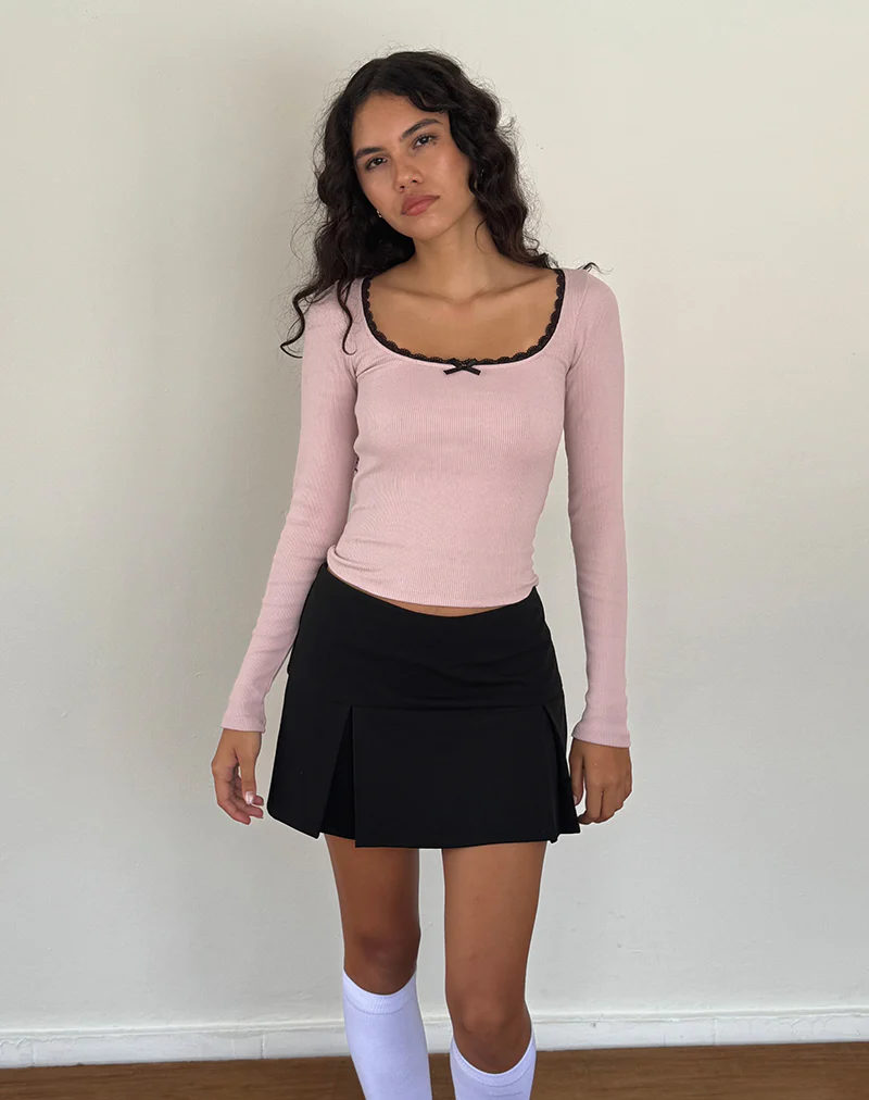 Bovita Long Sleeve Ribbed Top in Pink Lady with Black Lace - Awmao