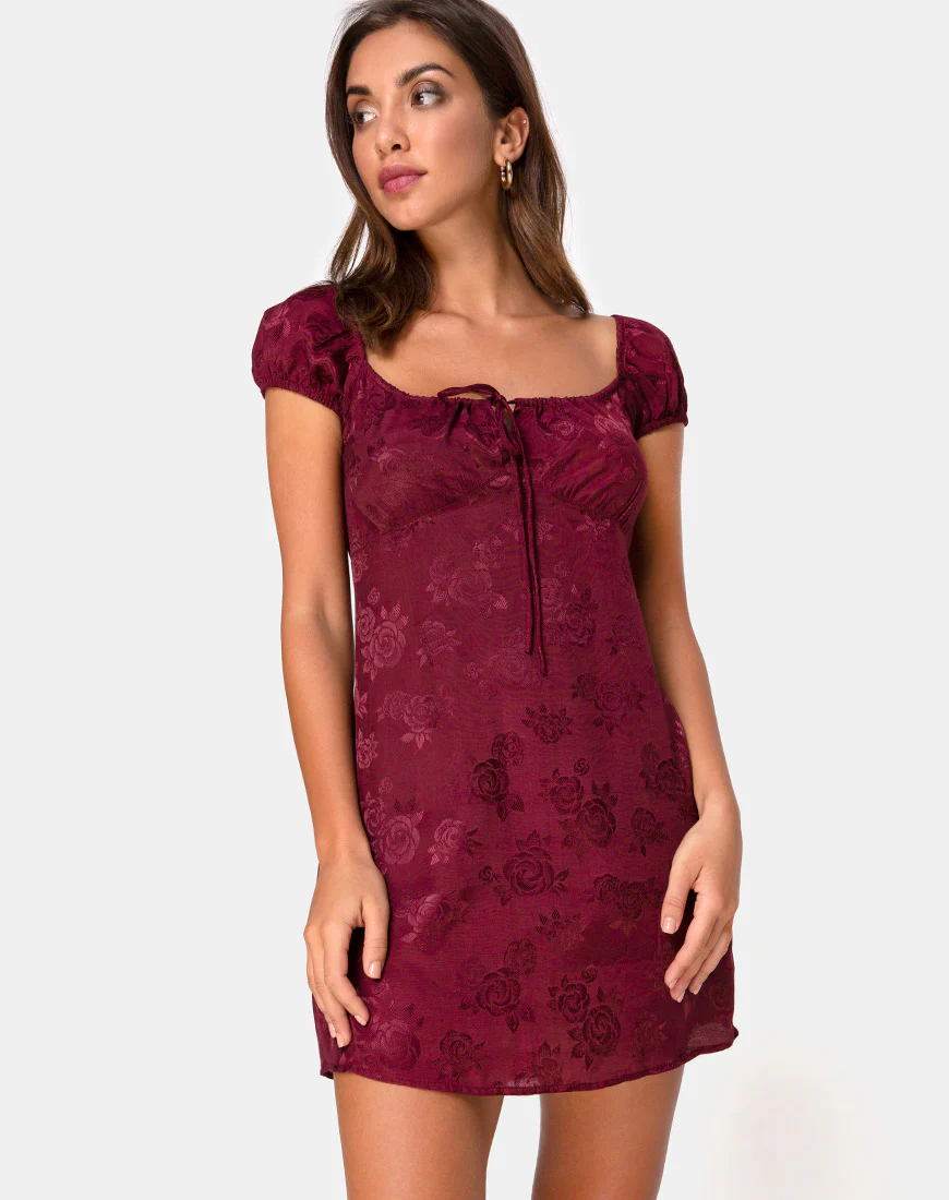 Gaval Mini Dress in Satin Rose Burgundy - Awmao