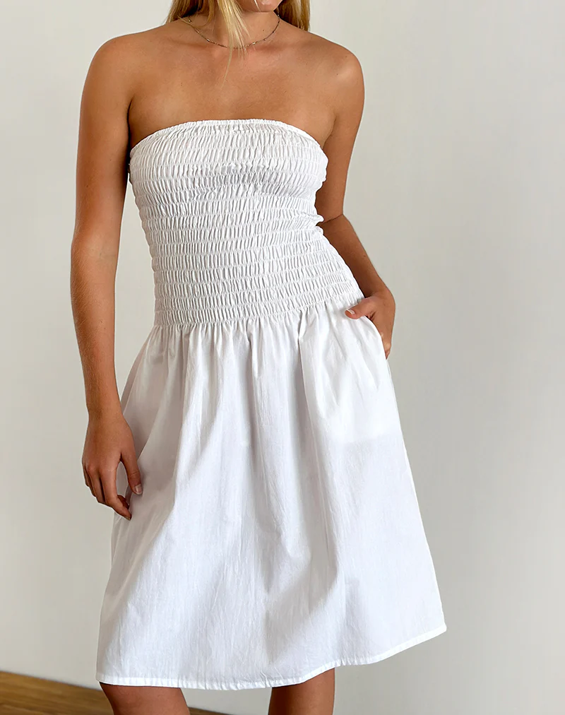Belesi Bandeau Midi Dress in Poplin White - Awmao