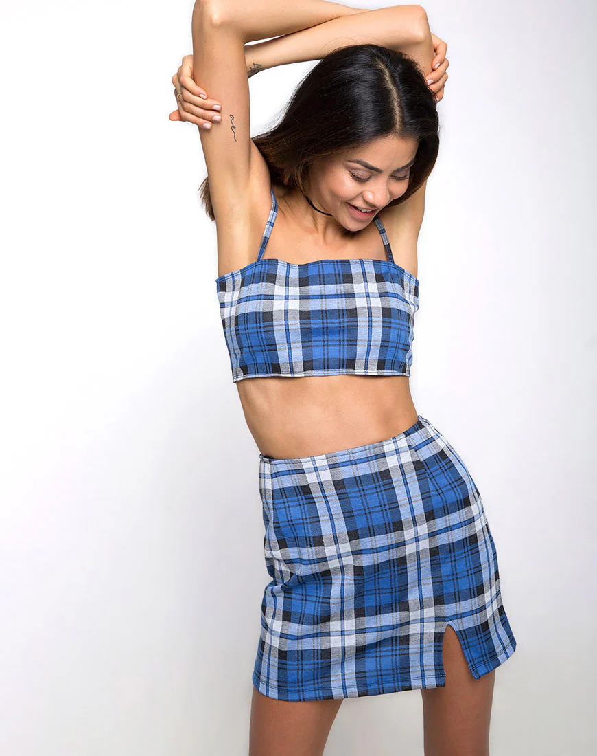 Dina Mini Skirt in Stretch Plaid Blue - Awmao
