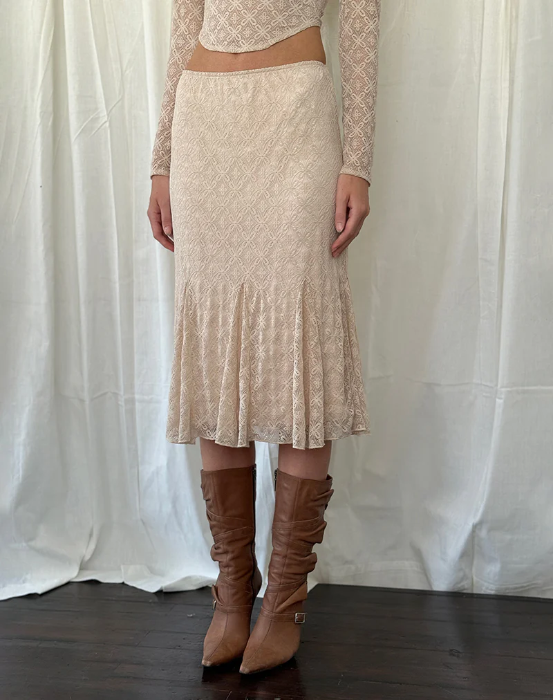 Betharia Frill Detail Midi Skirt in Nude Lace - Awmao