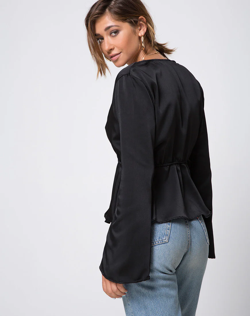 Jelena Plunge Top in Satin Black - Awmao