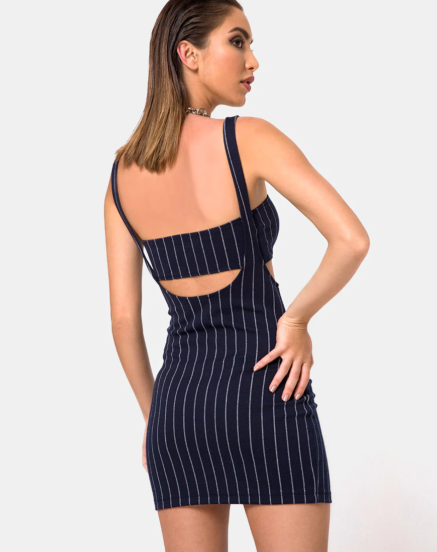 Petra Mini Dress in Navy Pinstripe - Awmao